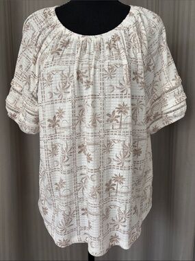 Fred David Cream Textured Peasant Blouse with Tan Palm Print